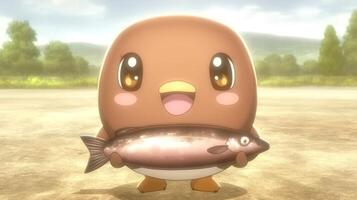 Cute animated character joyfully holding a fish in a serene outdoor setting with mountains photo