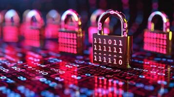Digital padlocks with binary code on a vibrant neon background, symbolizing cybersecurity photo