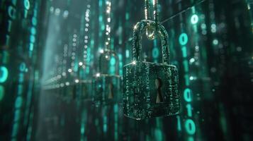 Digital locks suspended in a matrix of glowing binary code, symbolizing cybersecurity and data protection photo