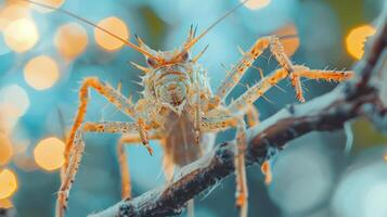 Close-up of a spiny insect perched on a branch with soft bokeh background lights photo