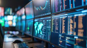 High-tech trading room with multiple screens displaying financial data and analytics photo