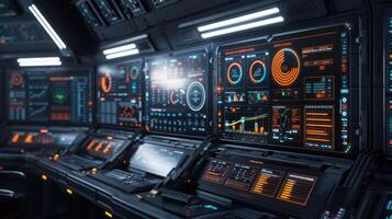 Futuristic control room with advanced digital interfaces and glowing screens displaying data photo