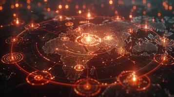 Abstract digital world map with glowing nodes and connections illustrating global network activity photo