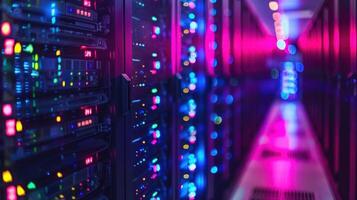 Vibrant data center corridor showcasing illuminated server racks with colorful LED lights photo