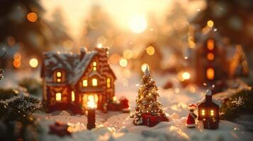 Enchanting winter scene featuring a gingerbread house and Christmas tree illuminated by soft lights photo