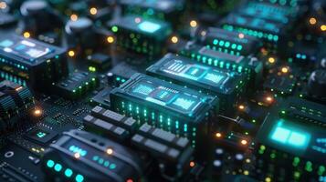 Close-up view of illuminated circuit board components showcasing technology in action photo