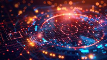 Futuristic abstract digital landscape with glowing circuits and vibrant colors in a tech environment photo