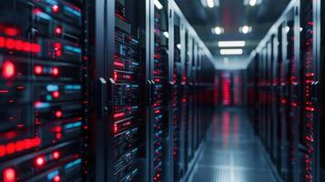 Futuristic data center with glowing servers, showcasing advanced technology and digital infrastructure photo