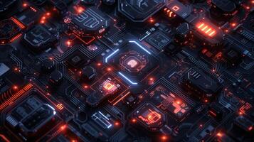 Abstract close-up of a futuristic circuit board with glowing elements and intricate patterns photo