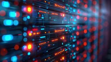 Abstract representation of a high-tech data center with glowing circuits and lights photo