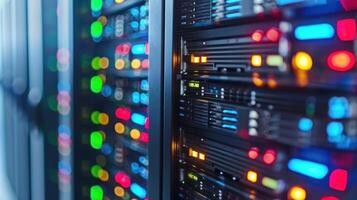 Colorful server racks illuminated by LED lights in a modern data center environment photo