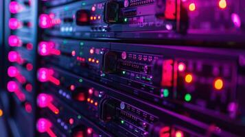 Close-up of illuminated server racks showcasing vibrant LED lights in a data center environment photo