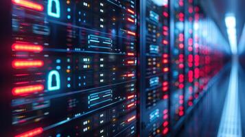 High-tech server room with illuminated racks, showcasing advanced data processing technology photo