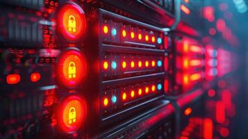 Close-up view of illuminated server racks with security indicators in a data center environment photo