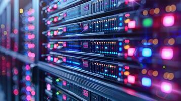 Close-up of illuminated server racks in a data center showcasing vibrant LED indicators photo