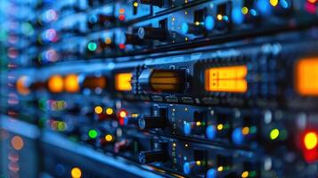 Close-up view of audio equipment with colorful lights and knobs in a recording studio setting photo