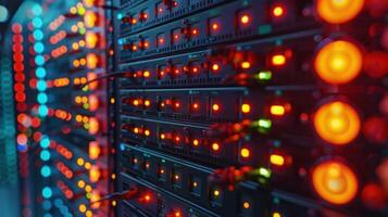 Close-up of illuminated server racks showcasing data processing technology in a modern data center photo