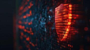 Abstract digital shield representation with binary code background, symbolizing cybersecurity photo