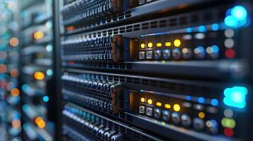 Close-up view of a data center server rack showcasing illuminated indicators and cables photo