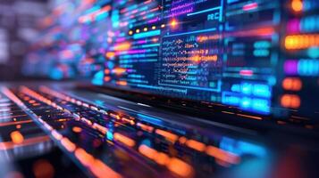 Close-up view of a laptop keyboard with vibrant code display, showcasing digital technology and innovation photo