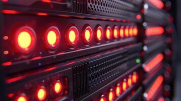 Close-up view of illuminated server racks showcasing data processing technology in action photo