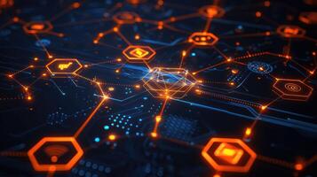 Abstract digital network with glowing orange connections and hexagonal icons on dark background photo