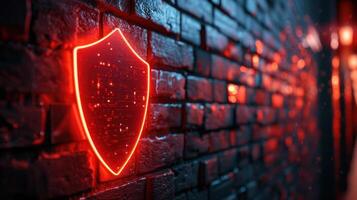 Neon shield emblem glowing on a textured brick wall, creating a vibrant urban atmosphere photo