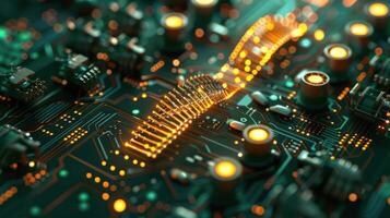 Close-up view of a vibrant circuit board showcasing intricate connections and glowing components photo
