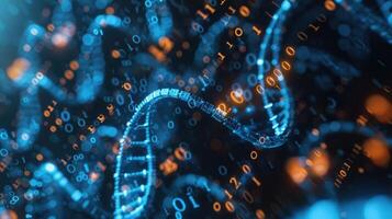 Abstract representation of DNA strands intertwined with binary code, symbolizing data and genetics photo