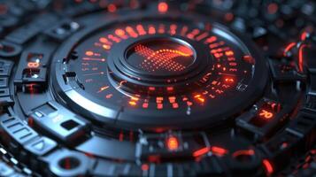 Futuristic abstract technology design featuring glowing red and black circular patterns and details photo
