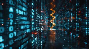 Futuristic digital corridor with binary code and glowing elements, representing technology and data photo