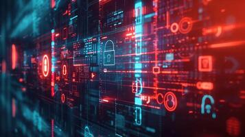Abstract digital background with glowing security icons and data streams in a futuristic setting photo