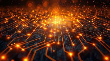 Abstract view of glowing circuit board with vibrant orange lights and dark background photo