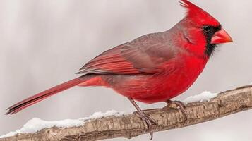 Vibrant red cardinal perched on a snowy branch against a soft, blurred winter background photo