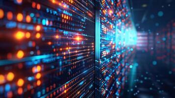 Futuristic data center with illuminated server racks displaying vibrant digital patterns photo