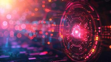 Abstract digital background with glowing circles and lines representing technology and data flow photo