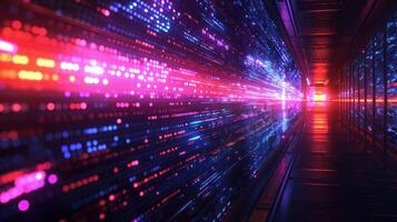Vibrant data stream visualization in a futuristic corridor, showcasing technology and motion photo