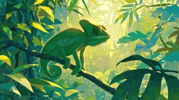 A vibrant chameleon perched on a branch amidst lush tropical foliage in a serene jungle setting photo
