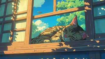 A peaceful tabby cat napping on a sunny windowsill with vibrant greenery in the background photo