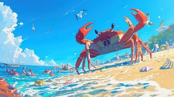A vibrant beach scene featuring a large crab in the foreground with people enjoying the sun and waves photo
