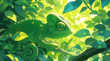 Vibrant green chameleon perched on a branch amidst lush foliage in a sunlit jungle setting photo