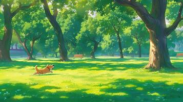 A playful dog runs joyfully through a sunlit park filled with lush greenery and trees photo