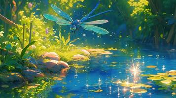 A vibrant dragonfly hovering above a serene pond surrounded by lush greenery and sparkling sunlight photo
