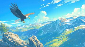 Majestic eagle soaring over a breathtaking mountain landscape under a clear blue sky photo