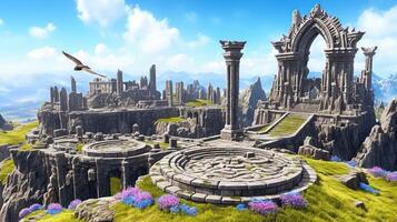 Majestic ancient ruins with towering arches surrounded by vibrant flowers and mountains photo