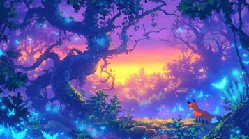 Enchanted forest at sunset with glowing butterflies and a curious fox observing the scenery photo