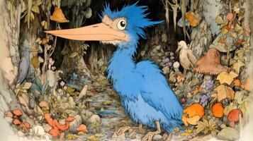 A whimsical blue bird with an oversized beak standing in a colorful forest filled with mushrooms photo