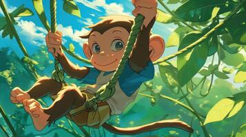 Playful monkey swinging joyfully on vines in a vibrant jungle, surrounded by lush greenery photo