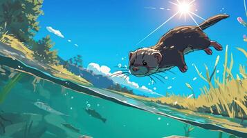 A playful otter dives underwater in a vibrant natural setting with sun reflections and greenery photo