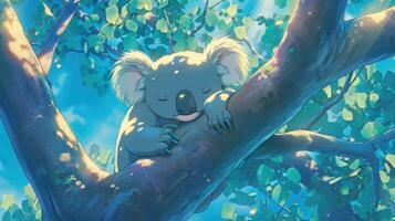 A serene koala resting peacefully on a tree branch in a vibrant, sunlit forest setting photo